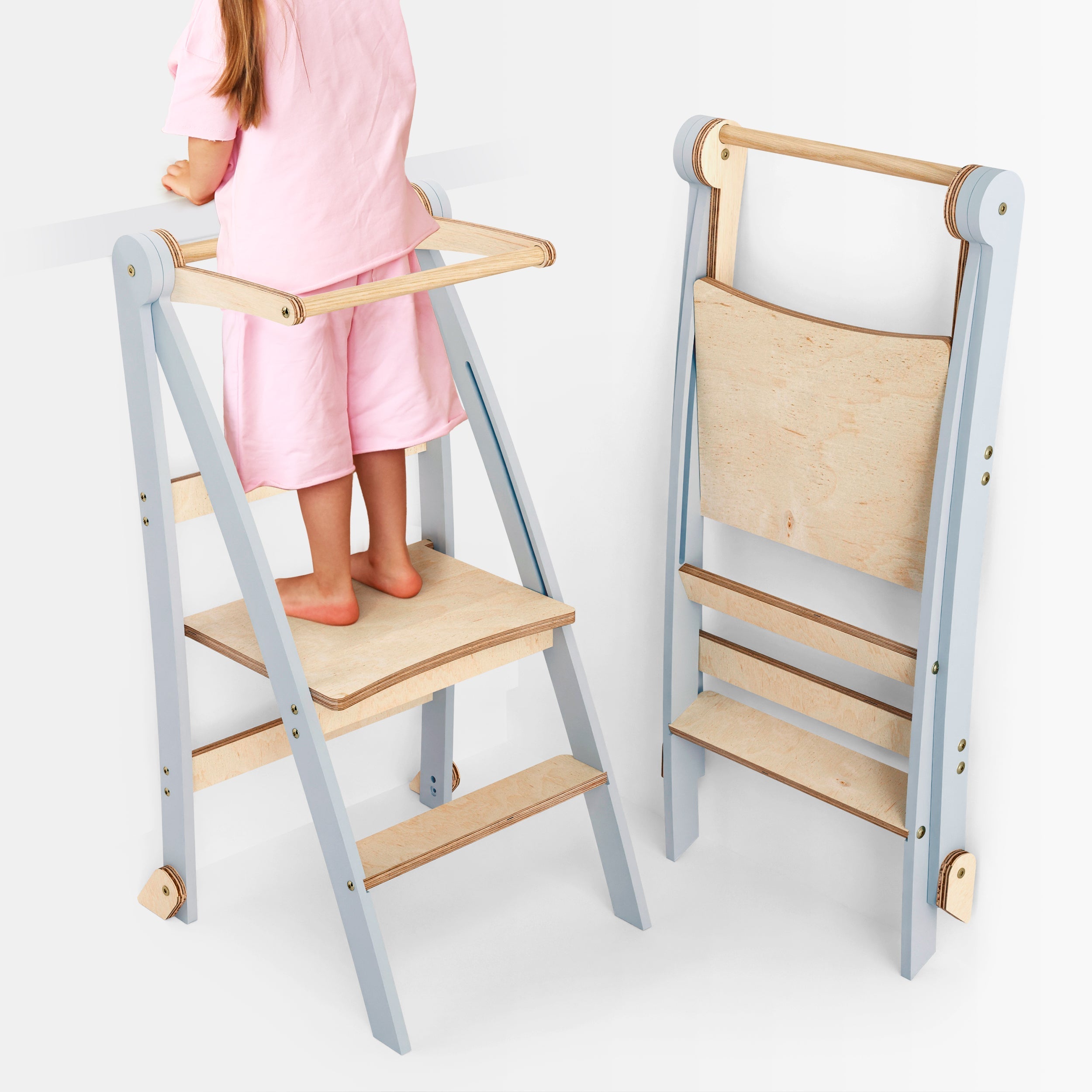 Folding Helping Stool – Montessori Growing Chair with Safety Rails for Toddlers – Grey-0
