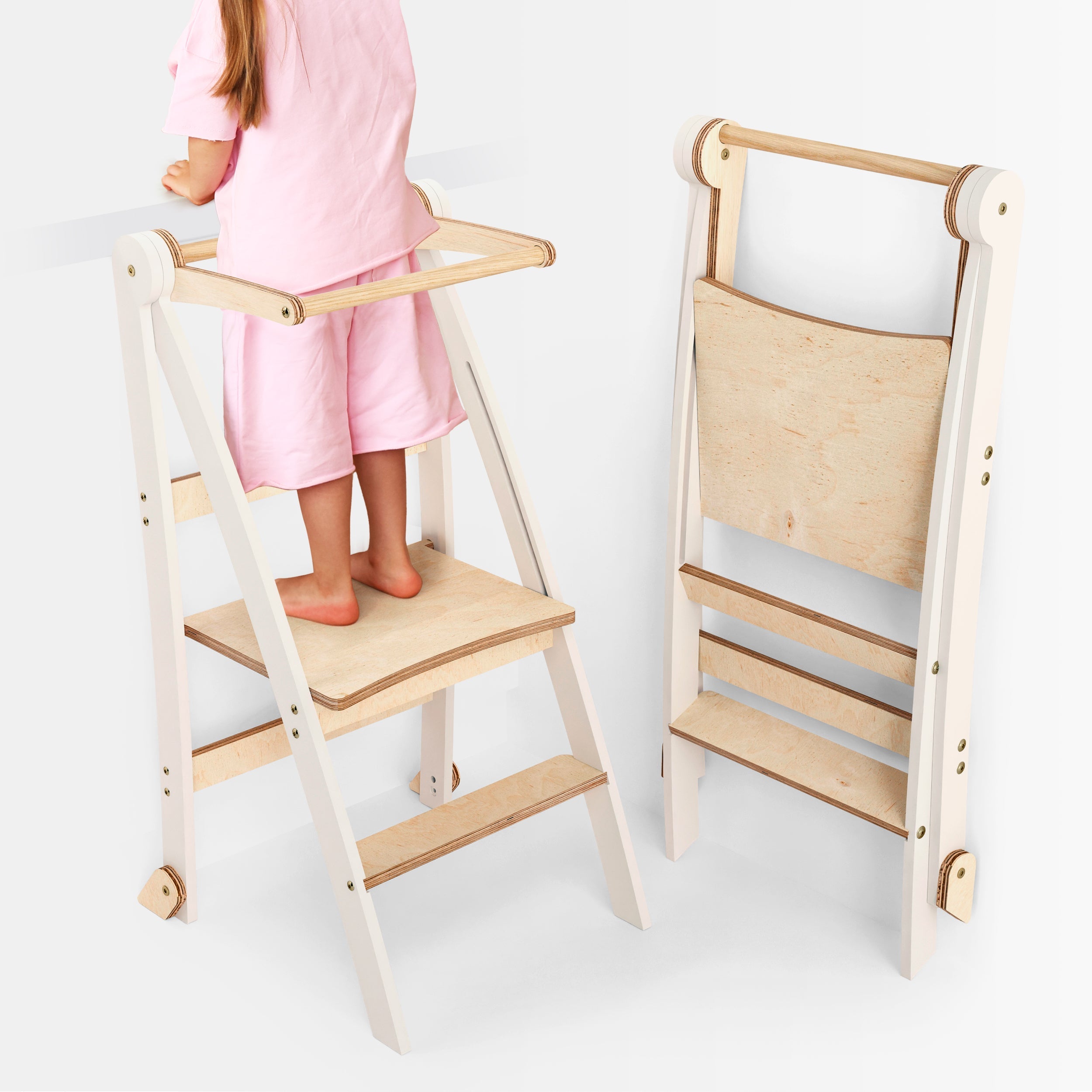 Folding Growing Chair– Montessori Step Stool with Safety Rails for Toddlers – White-0