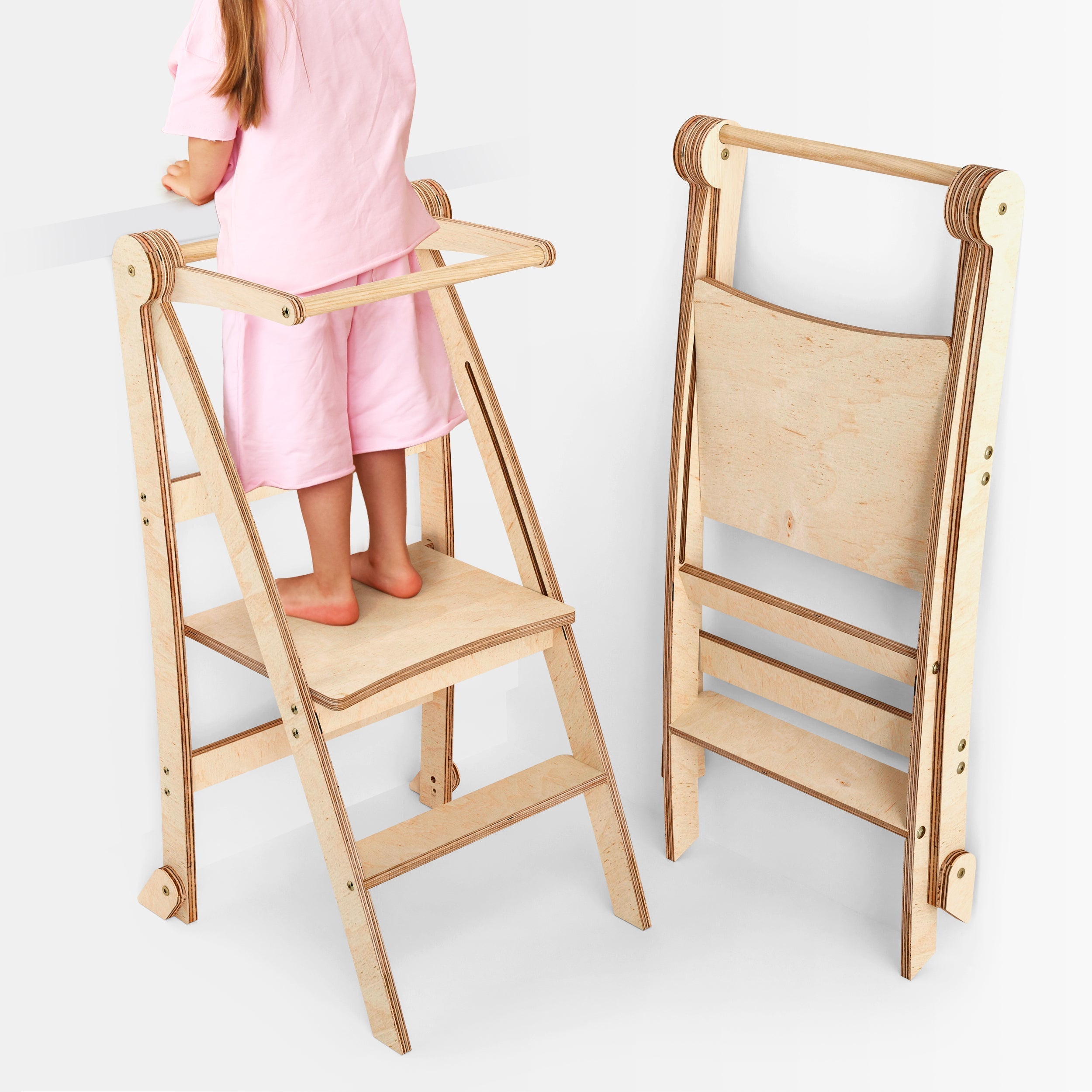 Folding Growing Chair – Montessori Step Stool with Safety Rails for Toddlers – Beige-0