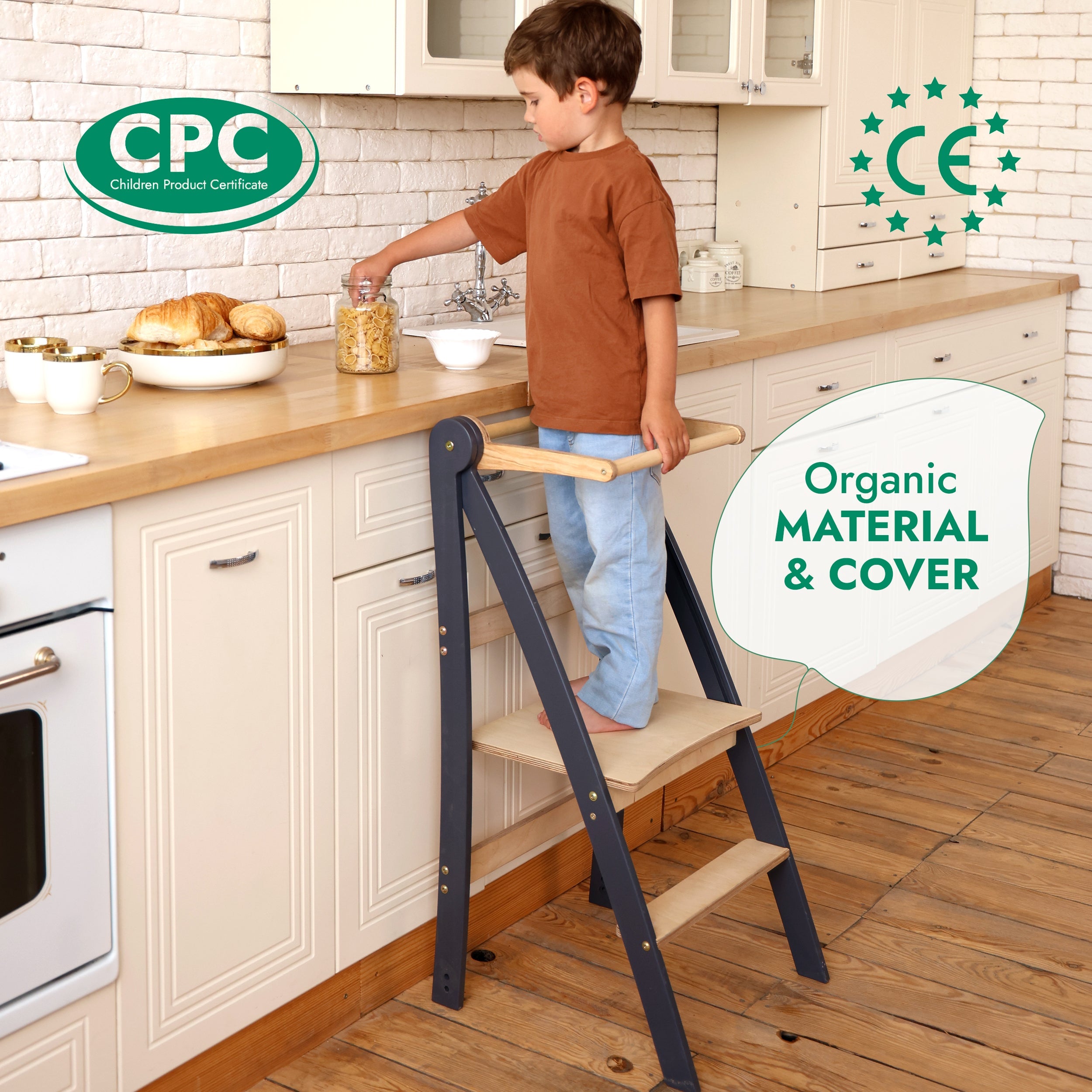 Folding Growing Chair– Montessori Step Stool with Safety Rails for Toddlers – White-3