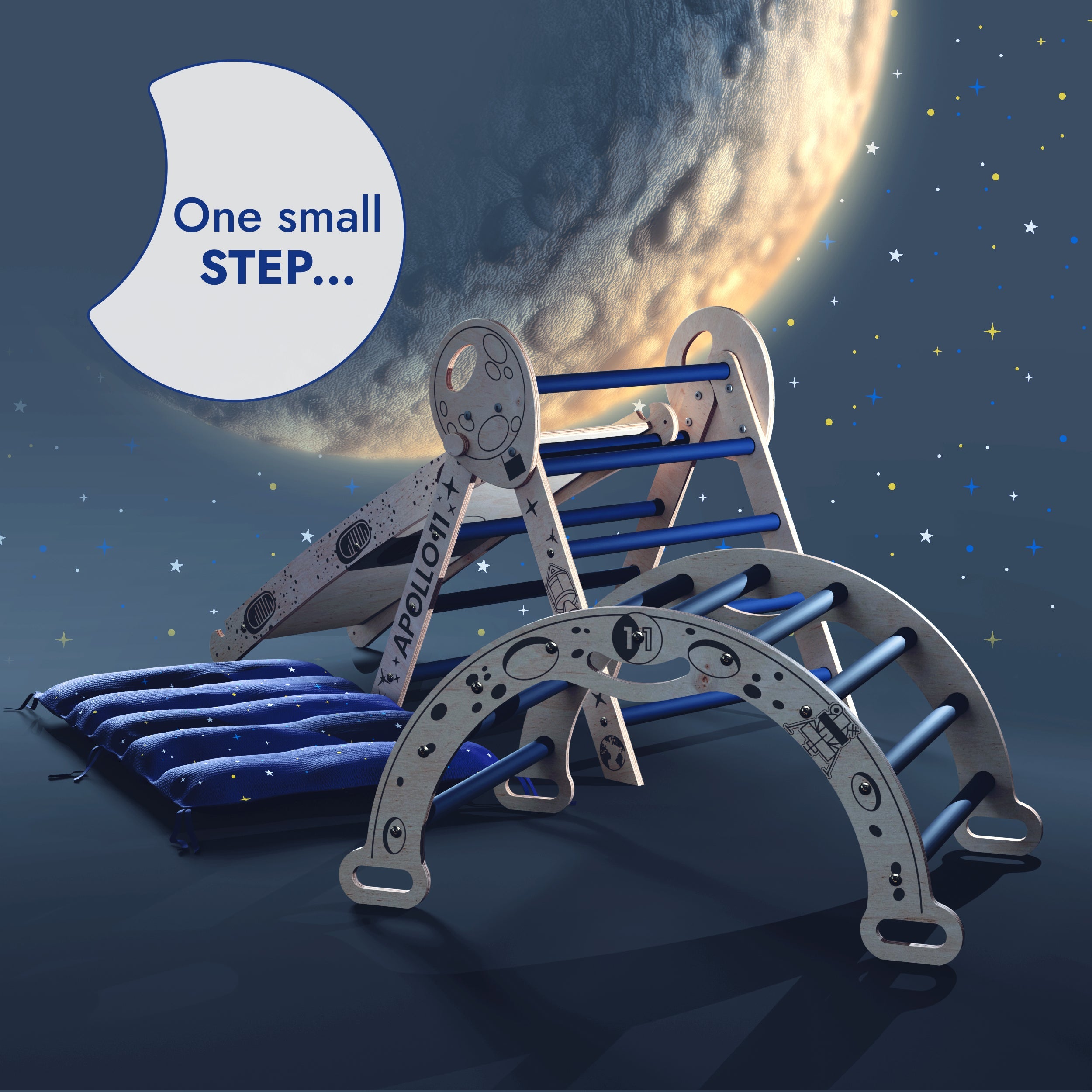 Apollo 4in1 Climbing Set:  Pikler Triangle, Arch, Slide Board, and Cushion for Little Toddlers Astronauts-3