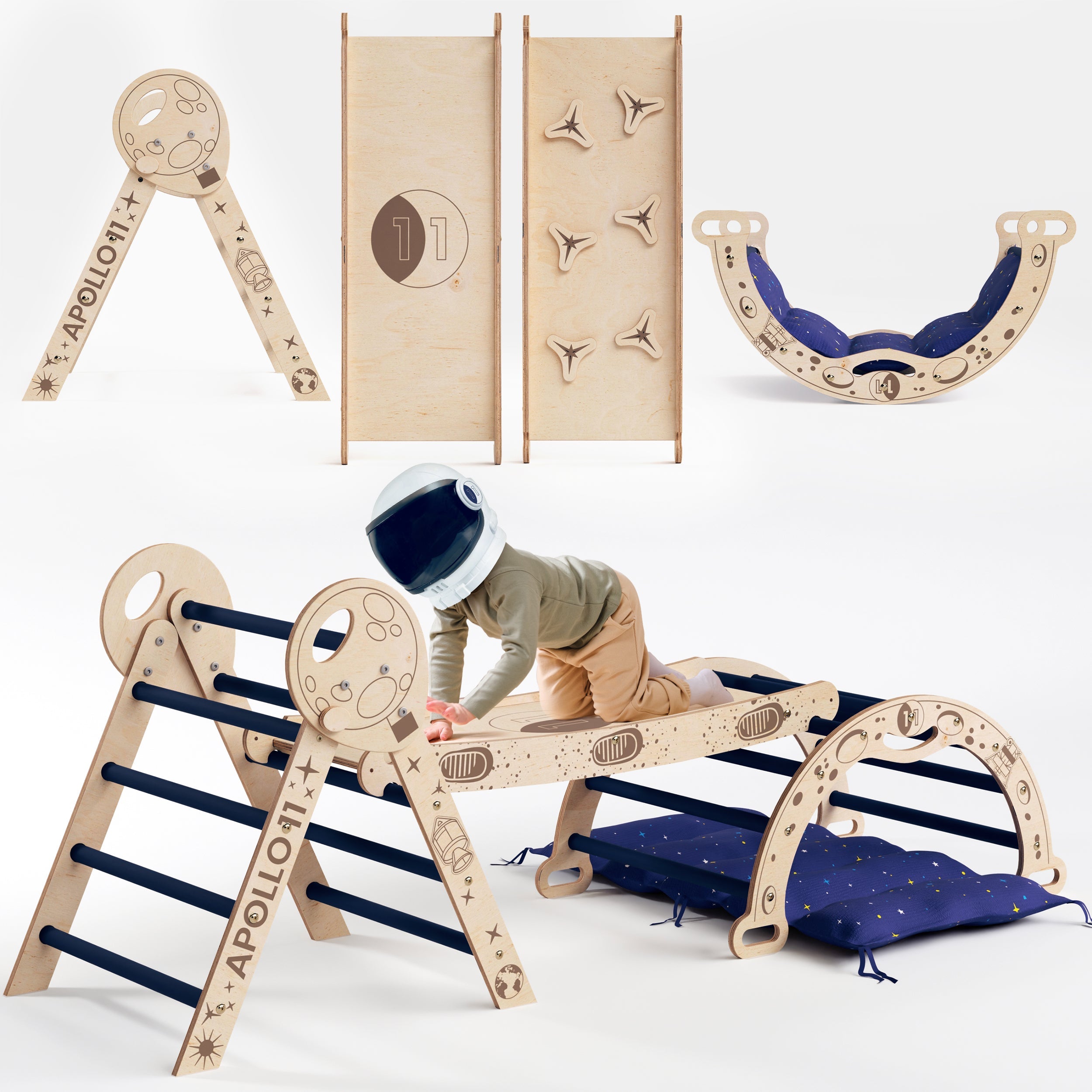 Apollo 4in1 Climbing Set:  Pikler Triangle, Arch, Slide Board, and Cushion for Little Toddlers Astronauts-0