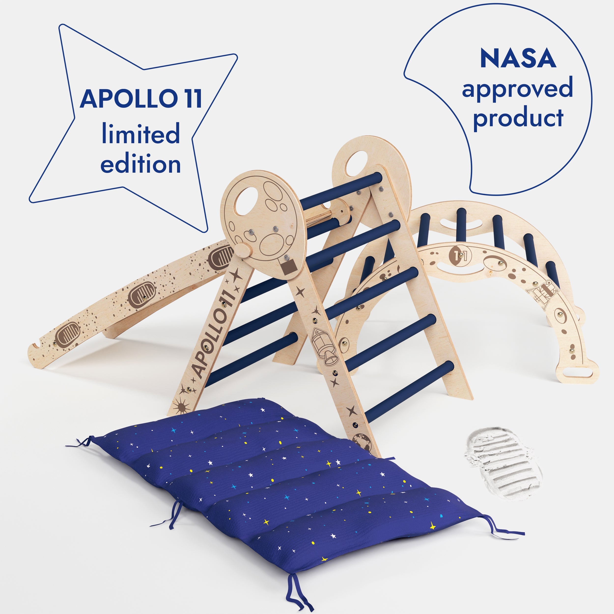 Apollo 4in1 Climbing Set:  Pikler Triangle, Arch, Slide Board, and Cushion for Little Toddlers Astronauts-2