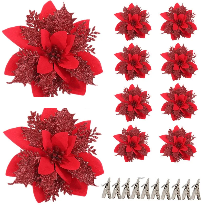 Sparkling Glitter Artificial Christmas Flowers - 14.5cm-0