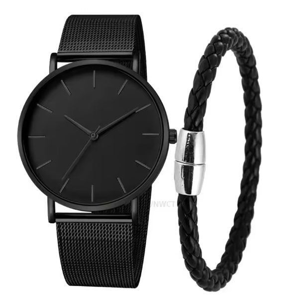 Men’s Ultra Thin Magnetic Bracelet Quartz Watch - All-Black Slim Mesh Steel-0