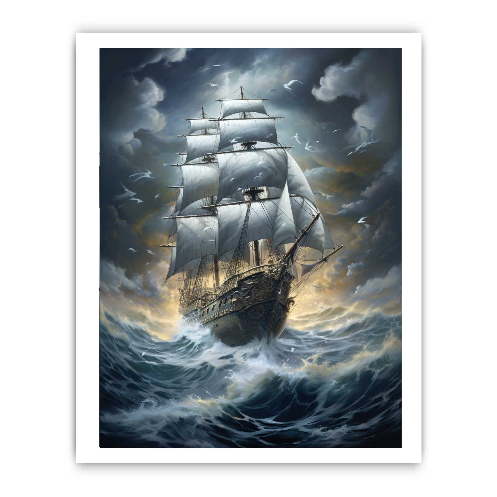 Sailing Ship In Storm Canvas Art Print-8