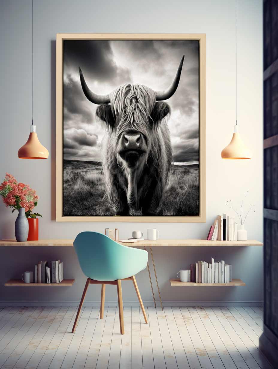 Highland Cow BW Canvas Art Print-1