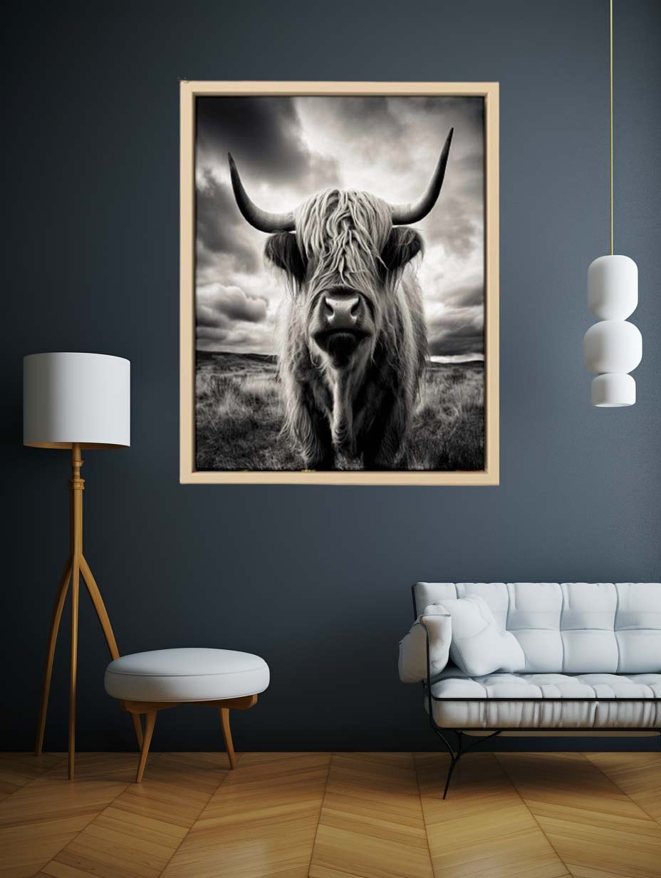 Highland Cow BW Canvas Art Print-2