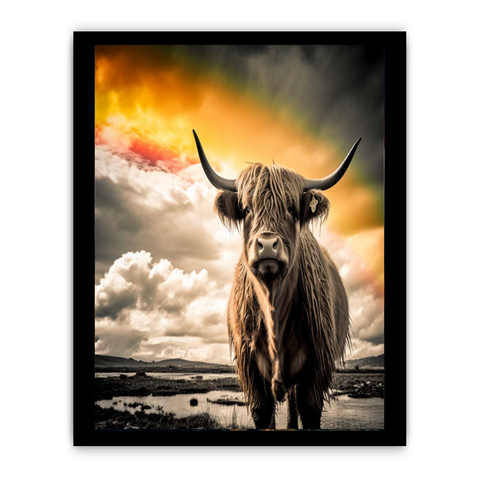 Highland Cow Painting Black & white Canvas Art Print-7
