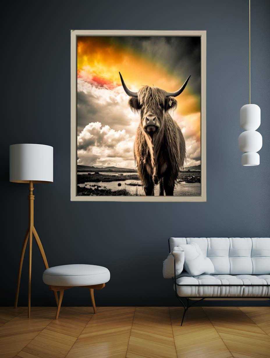 Highland Cow Painting Black & white Canvas Art Print-1