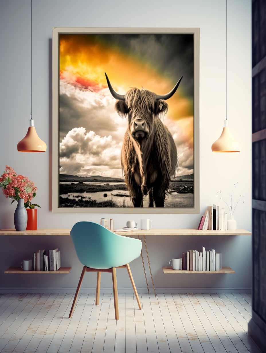 Highland Cow Painting Black & white Canvas Art Print-2