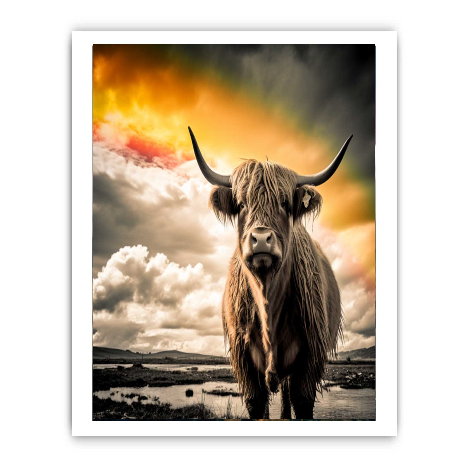 Highland Cow Painting Black & white Canvas Art Print-8