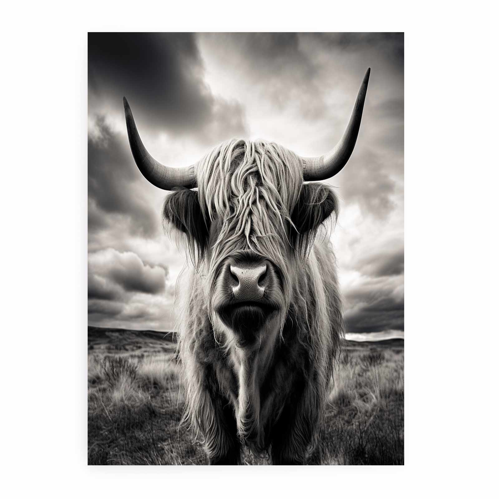 Highland Cow BW Canvas Art Print-0