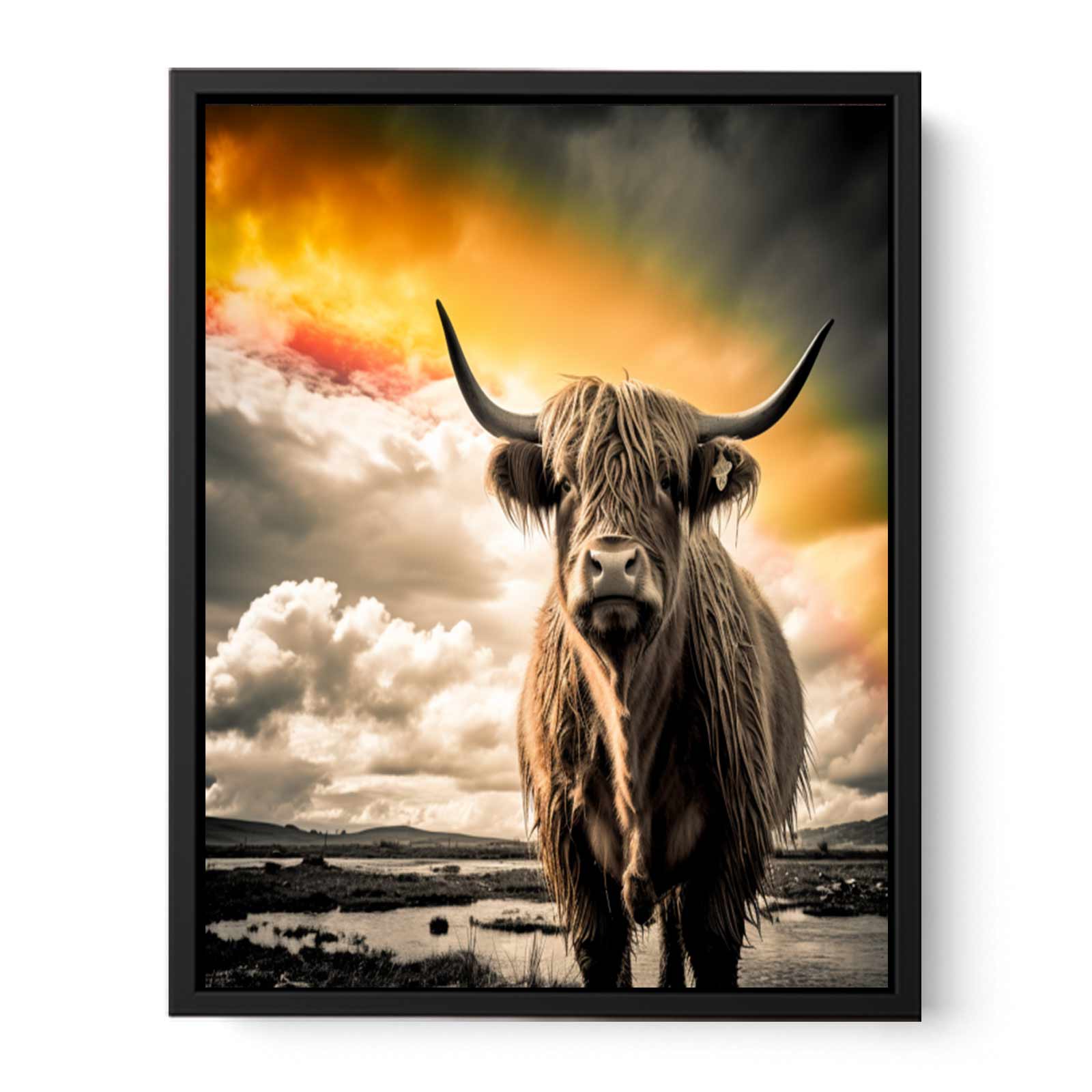 Highland Cow Painting Black & white Canvas Art Print-4