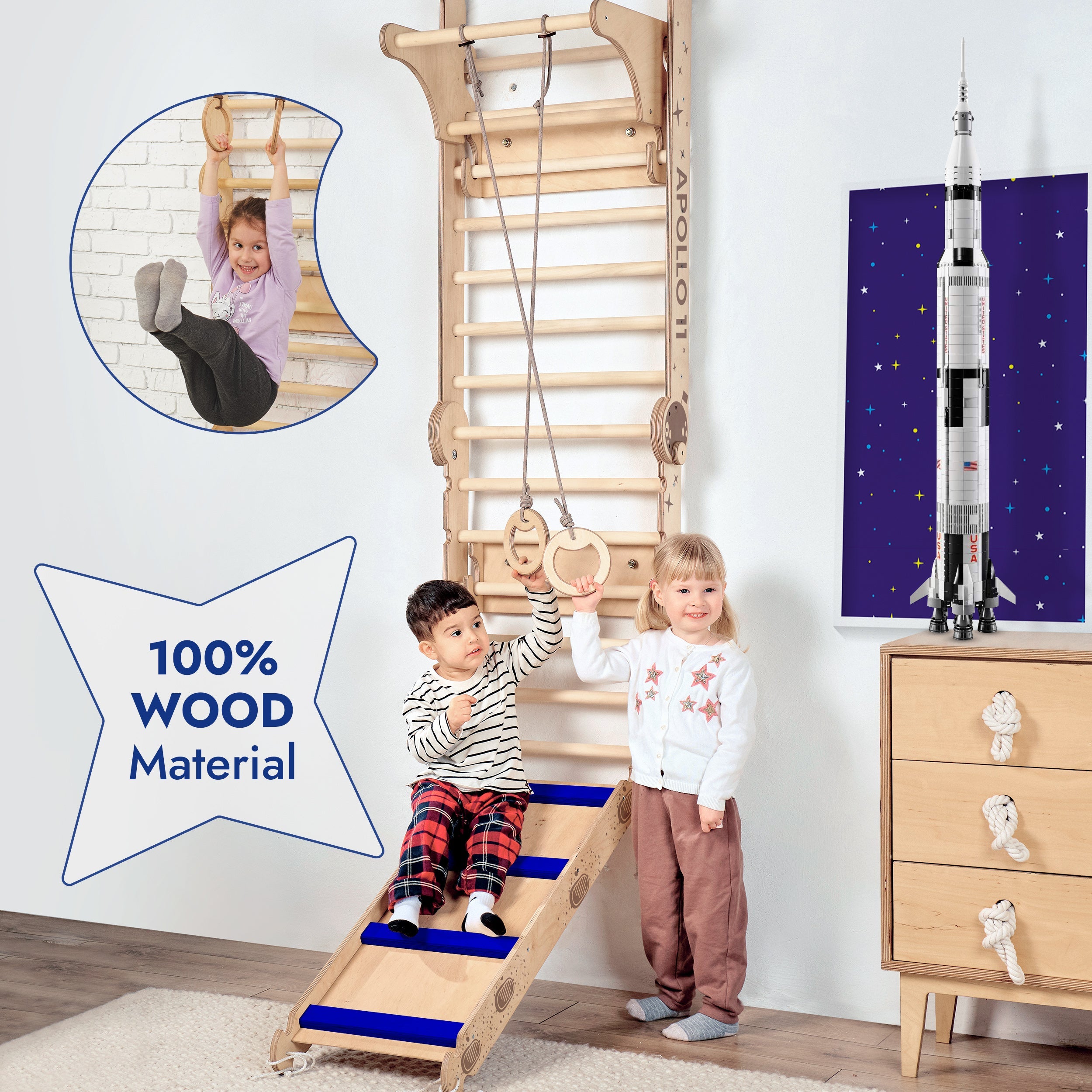 Apollo Swedish Wall / Climbing ladder for Little Austronauts + Moon swing Set + Slide Board-4