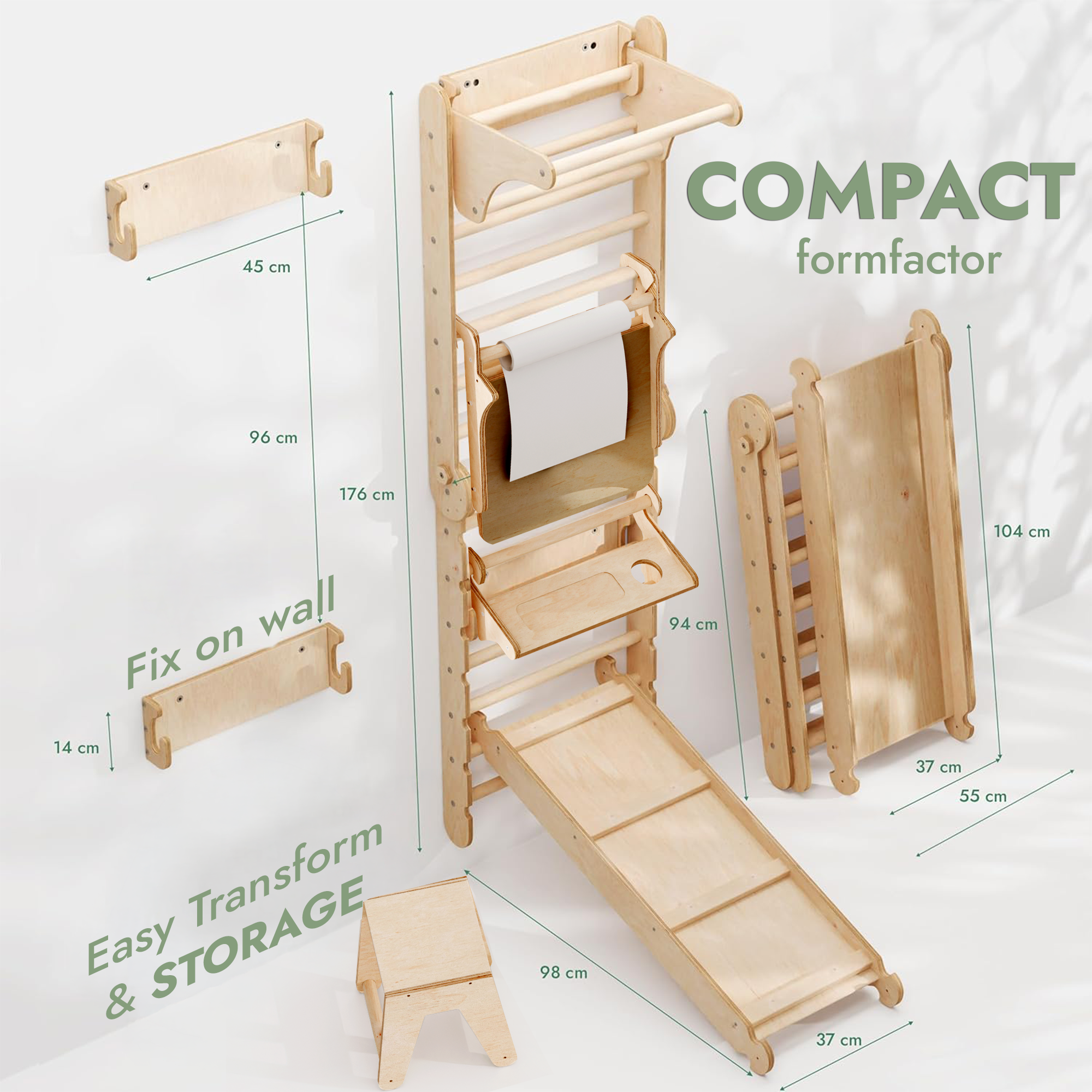 5in1 Swedish Ladder for Kids – Transforms into Pikler Triangle, Slide, Swing & Art Add-on-1
