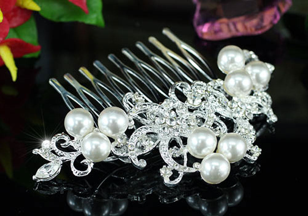 Wedding  Crystal White Pearl Hair Comb XT1362-3