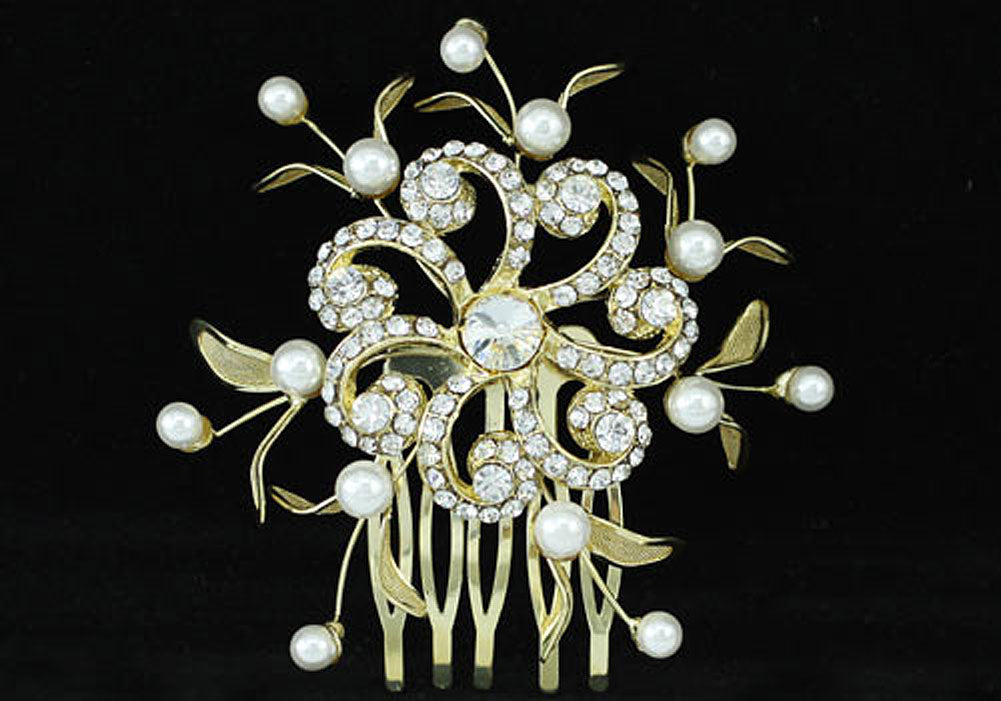 Wedding Flower Crystal Pearl Gold Plated Hair Comb XT1367-0