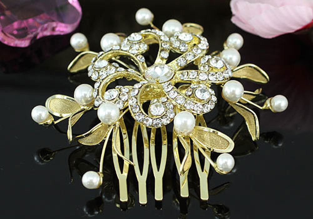 Wedding Flower Crystal Pearl Gold Plated Hair Comb XT1367-2