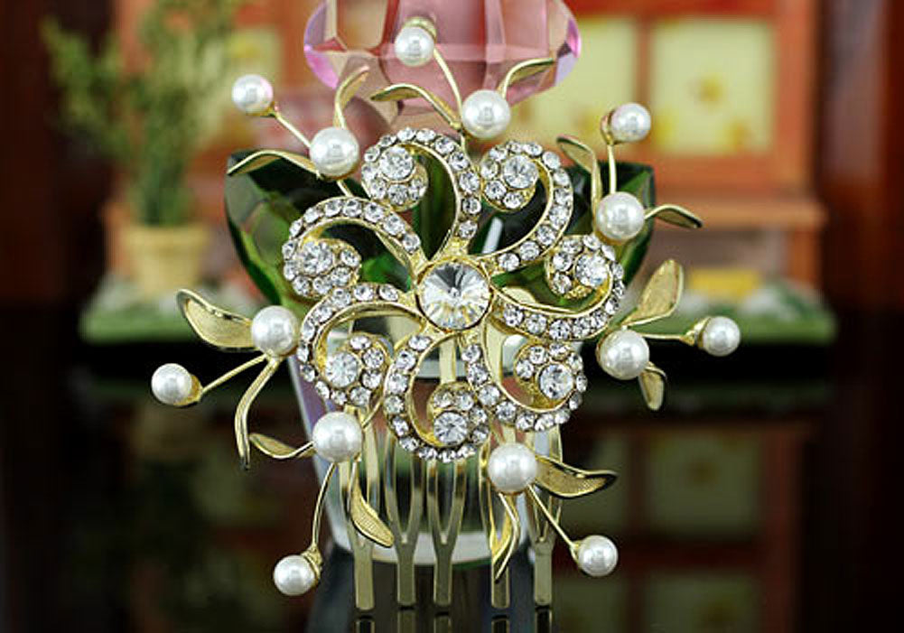 Wedding Flower Crystal Pearl Gold Plated Hair Comb XT1367-3