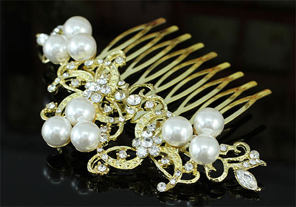 Wedding  Crystal White Pearl Gold Hair Comb XT1368-0