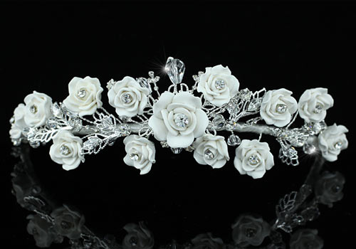 Bridal Wedding Handmade White Rose Ceramic Clay Crystal Tiara XT1396-0