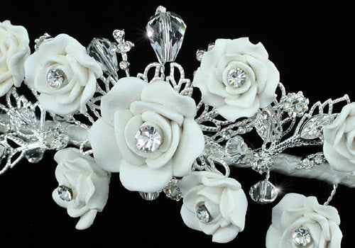 Bridal Wedding Handmade White Rose Ceramic Clay Crystal Tiara XT1396-1