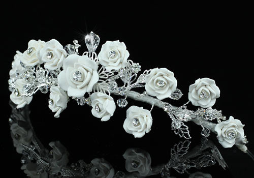 Bridal Wedding Handmade White Rose Ceramic Clay Crystal Tiara XT1396-2