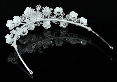 Bridal Wedding Handmade White Rose Ceramic Clay Crystal Tiara XT1396-3