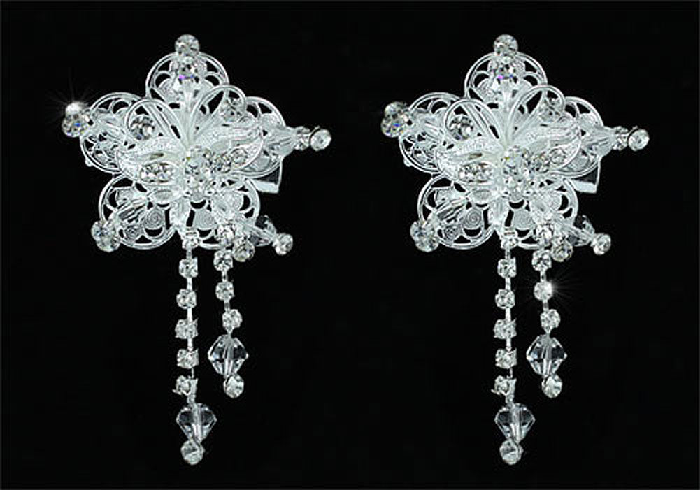 2 Pcs X Bridal Flower Hair Clips use Clear Crystals XT1440-0
