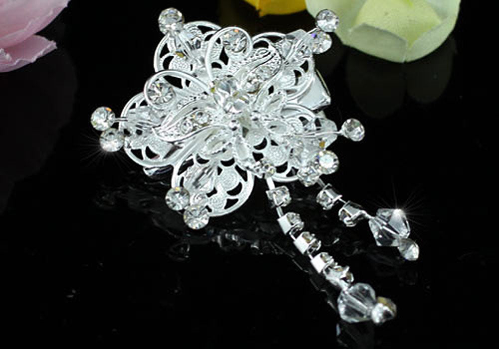 2 Pcs X Bridal Flower Hair Clips use Clear Crystals XT1440-1