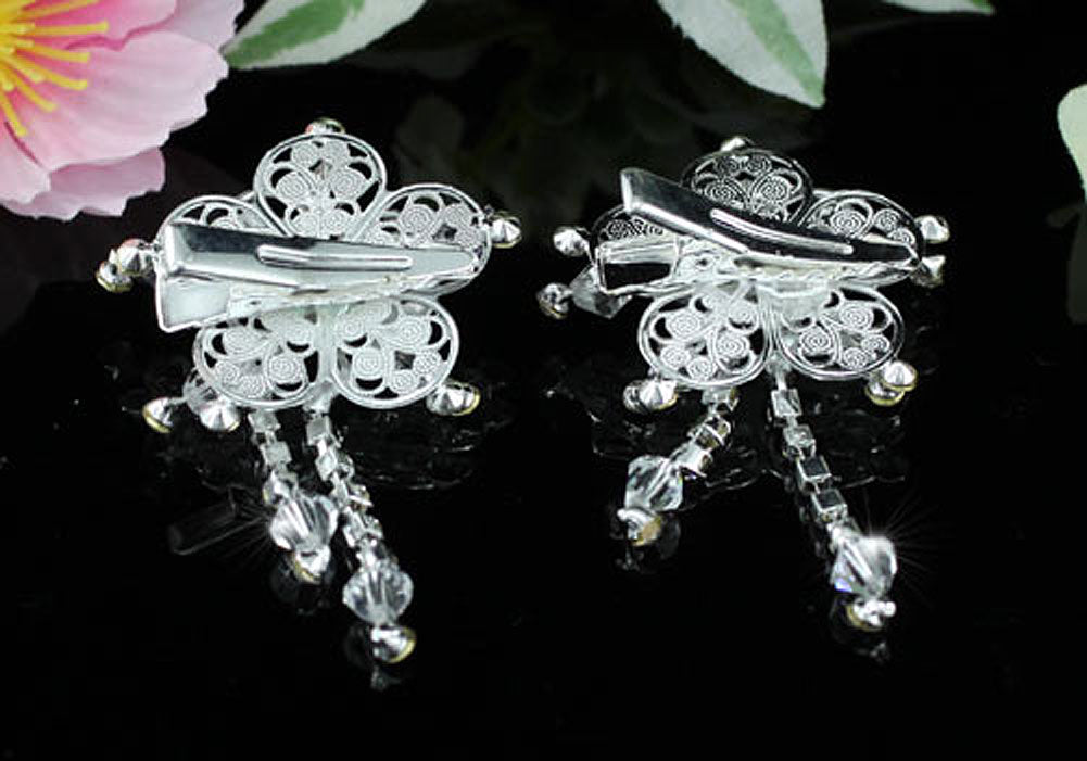 2 Pcs X Bridal Flower Hair Clips use Clear Crystals XT1440-2