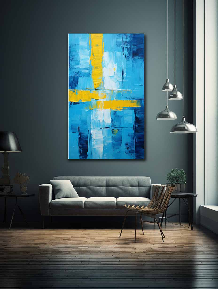 Abstract Blue Yellow palette knife painting-1
