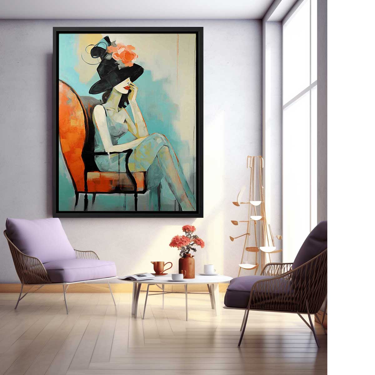 Girl Hat Chair Modern Art Canvas Painting-2