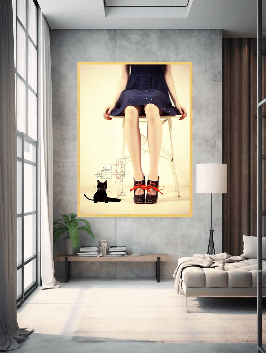 Sexy Girl  & cat  Modern Art Canvas Art Print-1