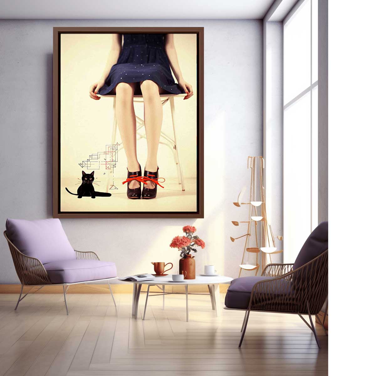 Sexy Girl  & cat  Modern Art Canvas Art Print-2