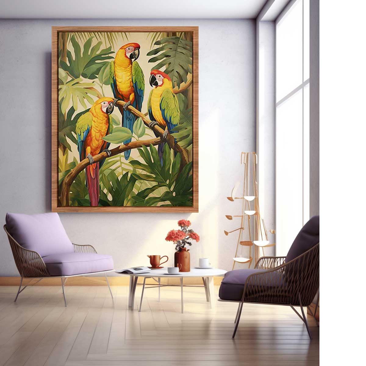 Three Parrots Wood Canvas Art Print-1