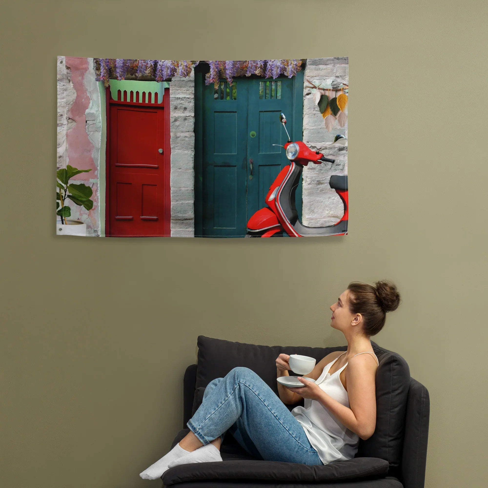 Vespa at Door Flag Tapestry wall hanging-1