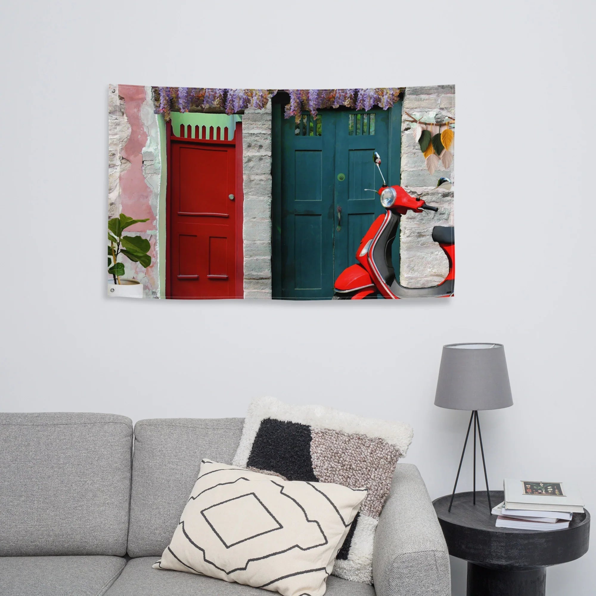 Vespa at Door Flag Tapestry wall hanging-2