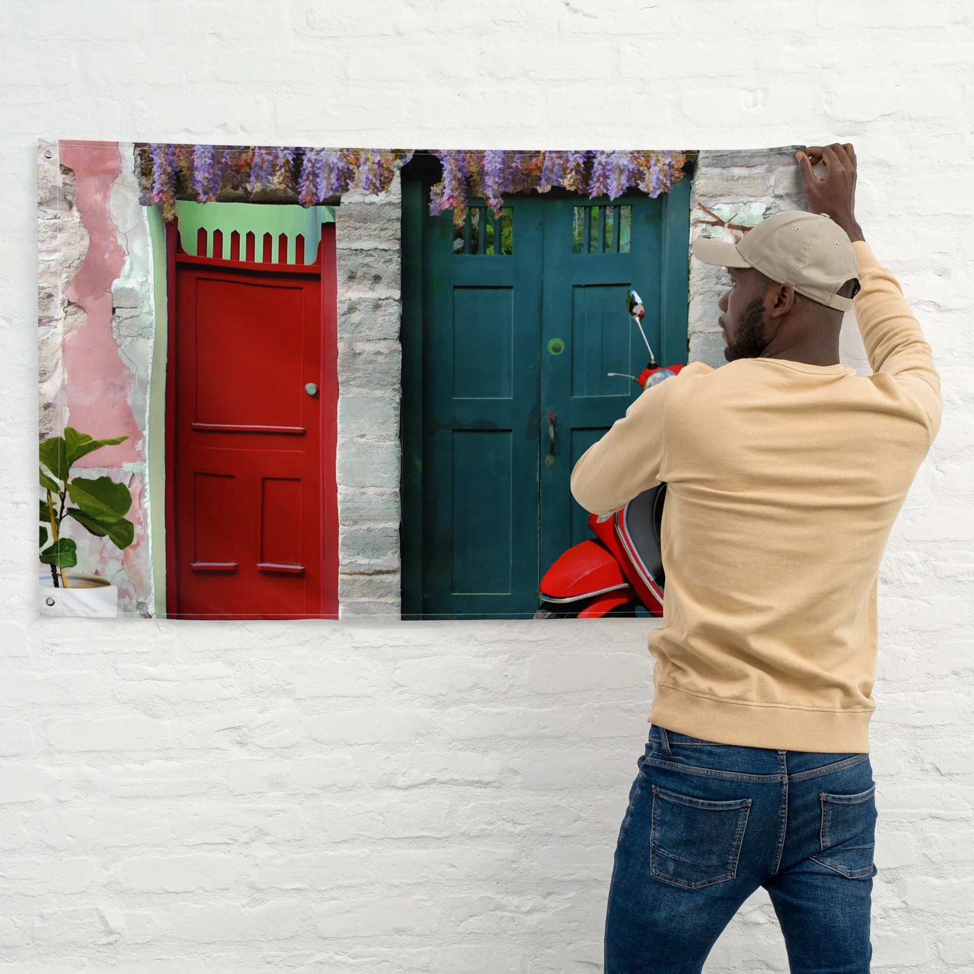 Vespa at Door Flag Tapestry wall hanging-3