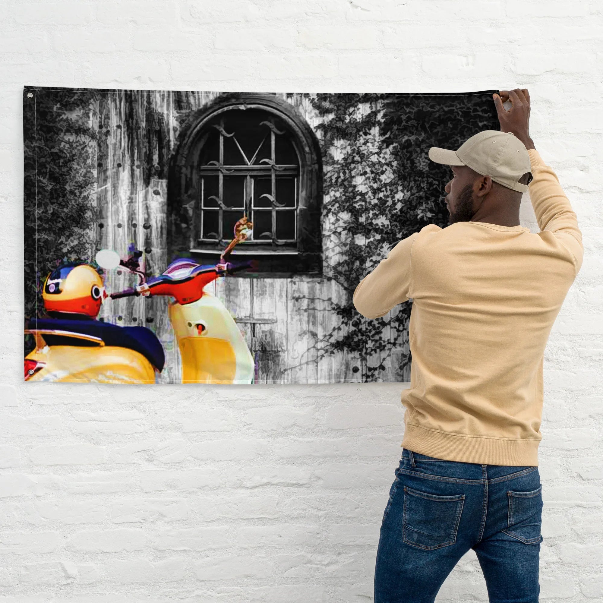 Vespa at Door Flag Tapestry wall hanging-2