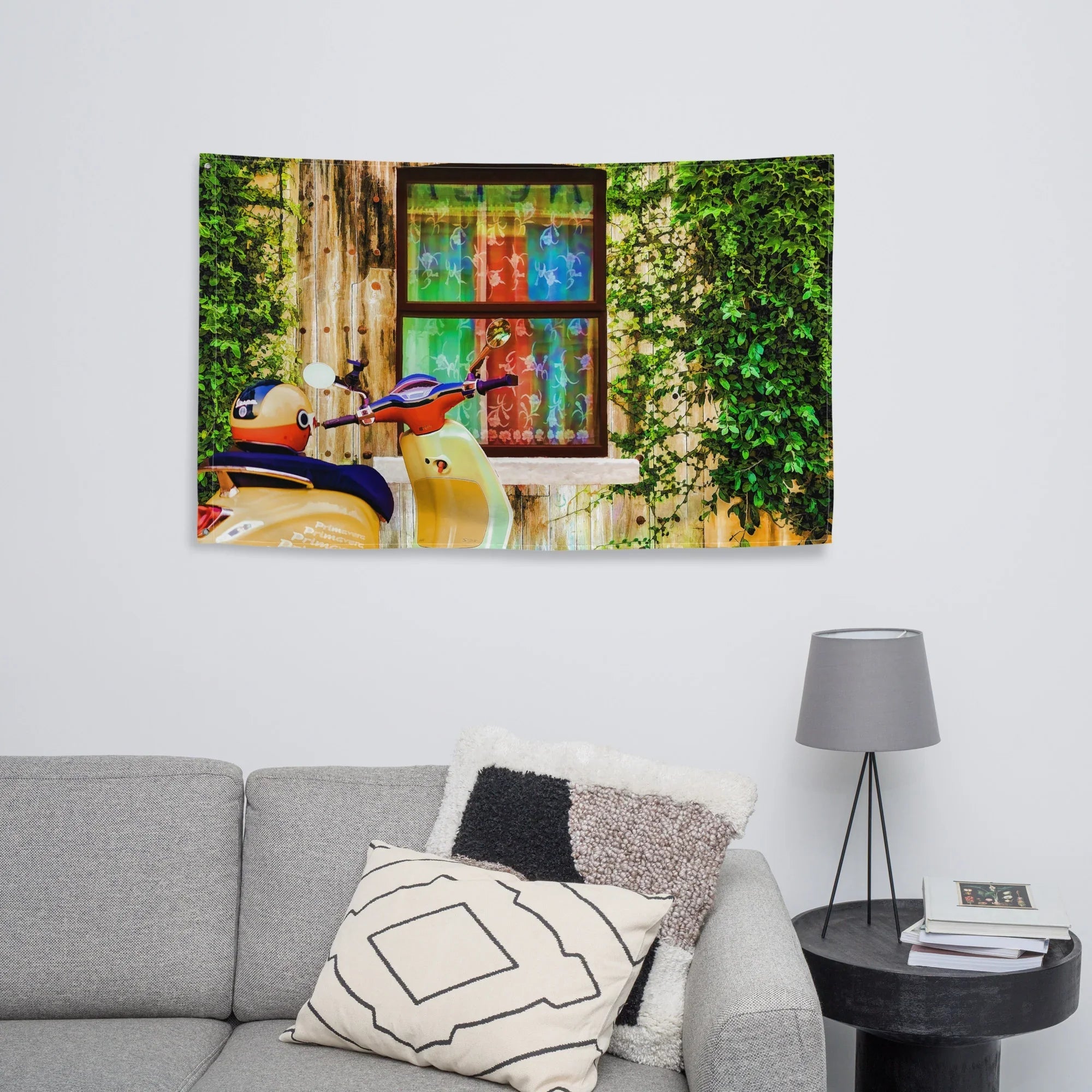 Vespa at Door Flag Tapestry wall hanging-0