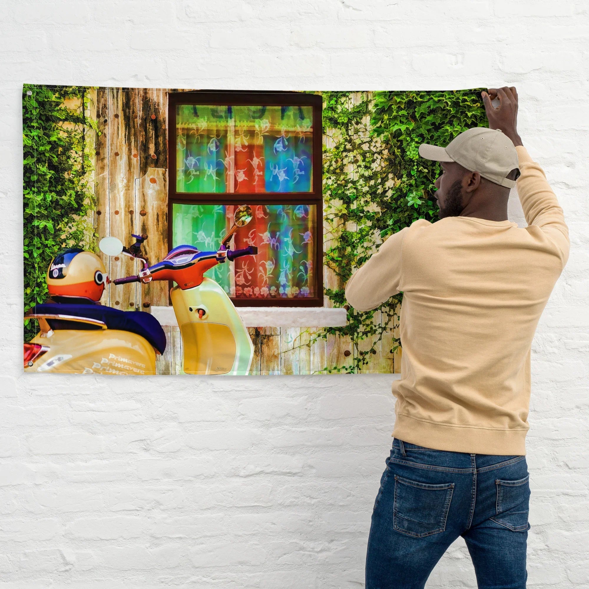 Vespa at Door Flag Tapestry wall hanging-2