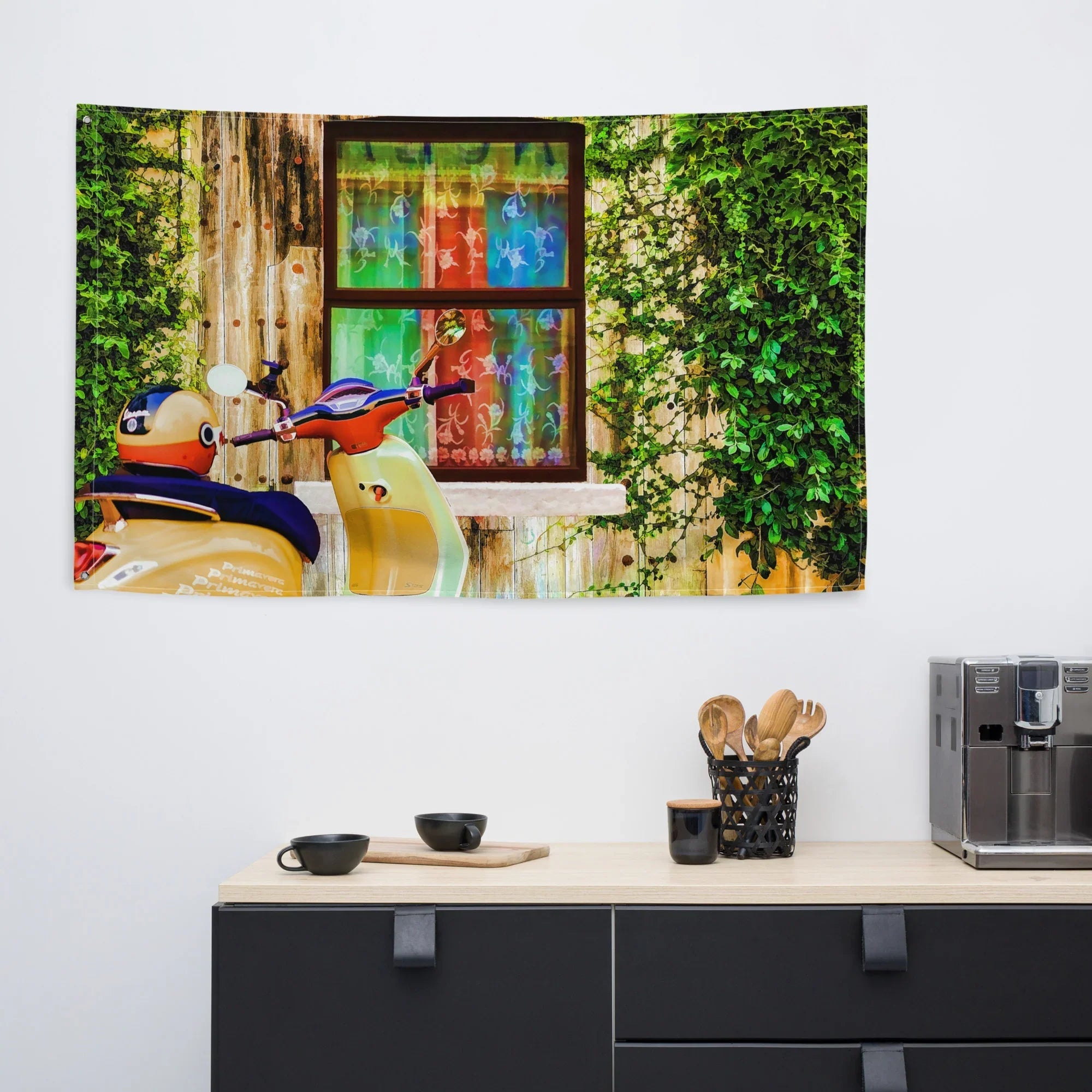 Vespa at Door Flag Tapestry wall hanging-3