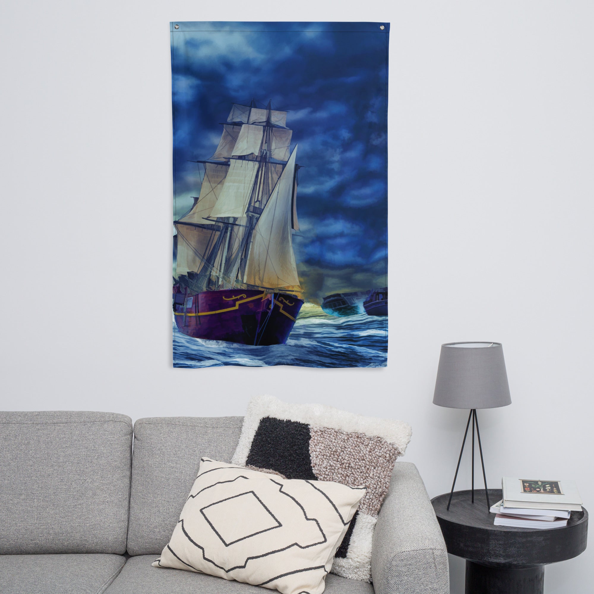 Ship in Storm Flag Tapestry wall hanging-3