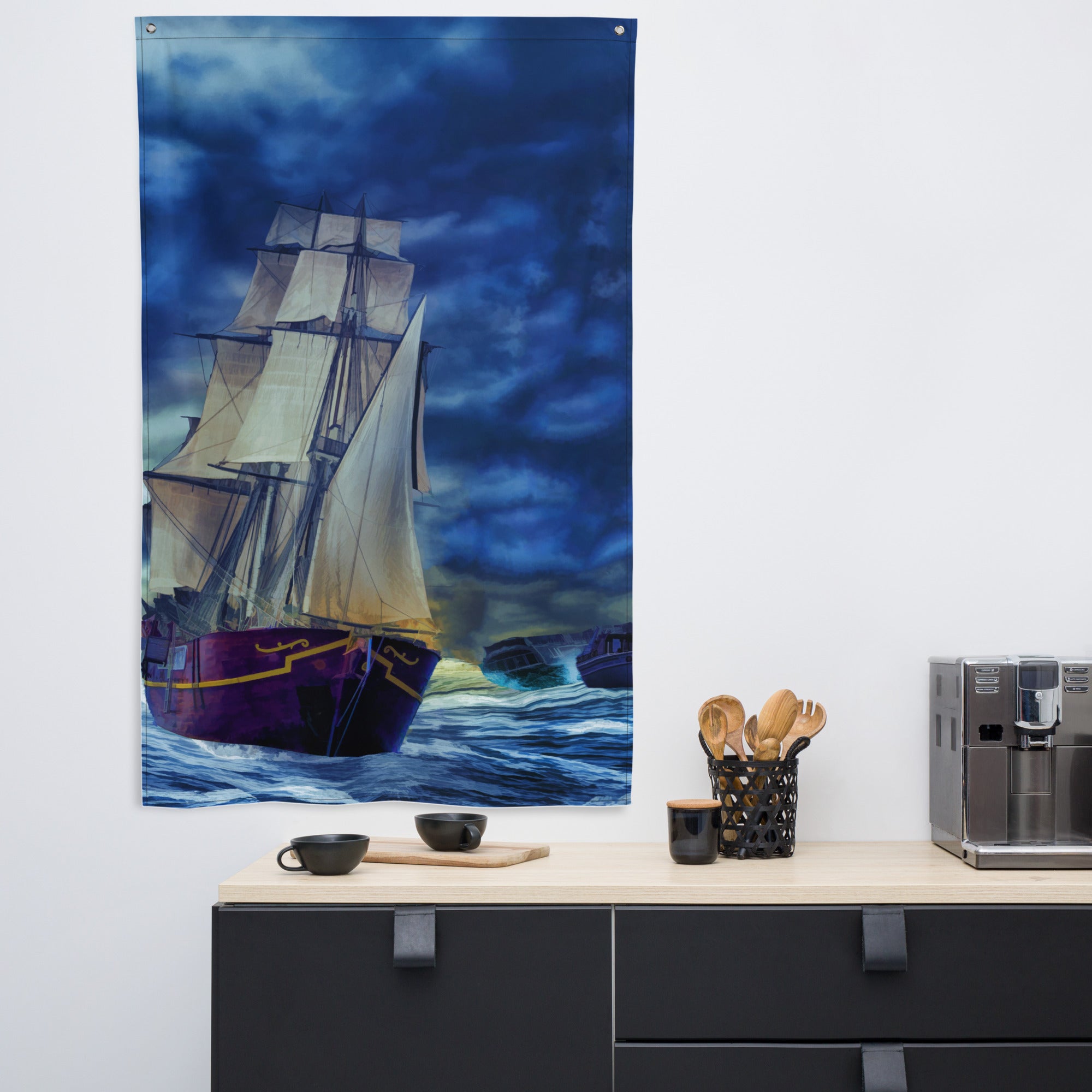 Ship in Storm Flag Tapestry wall hanging-4