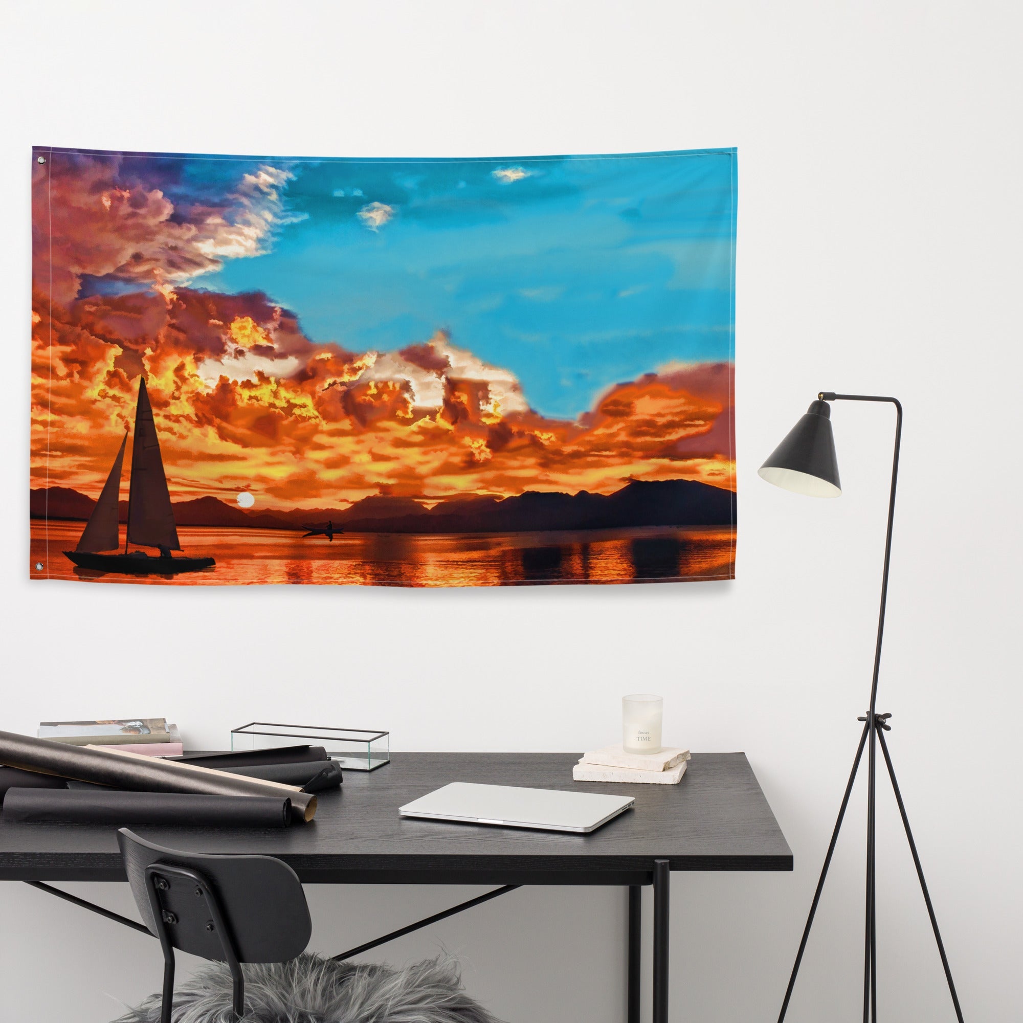 Ship in Sunset Flag Tapestry wall hanging-3