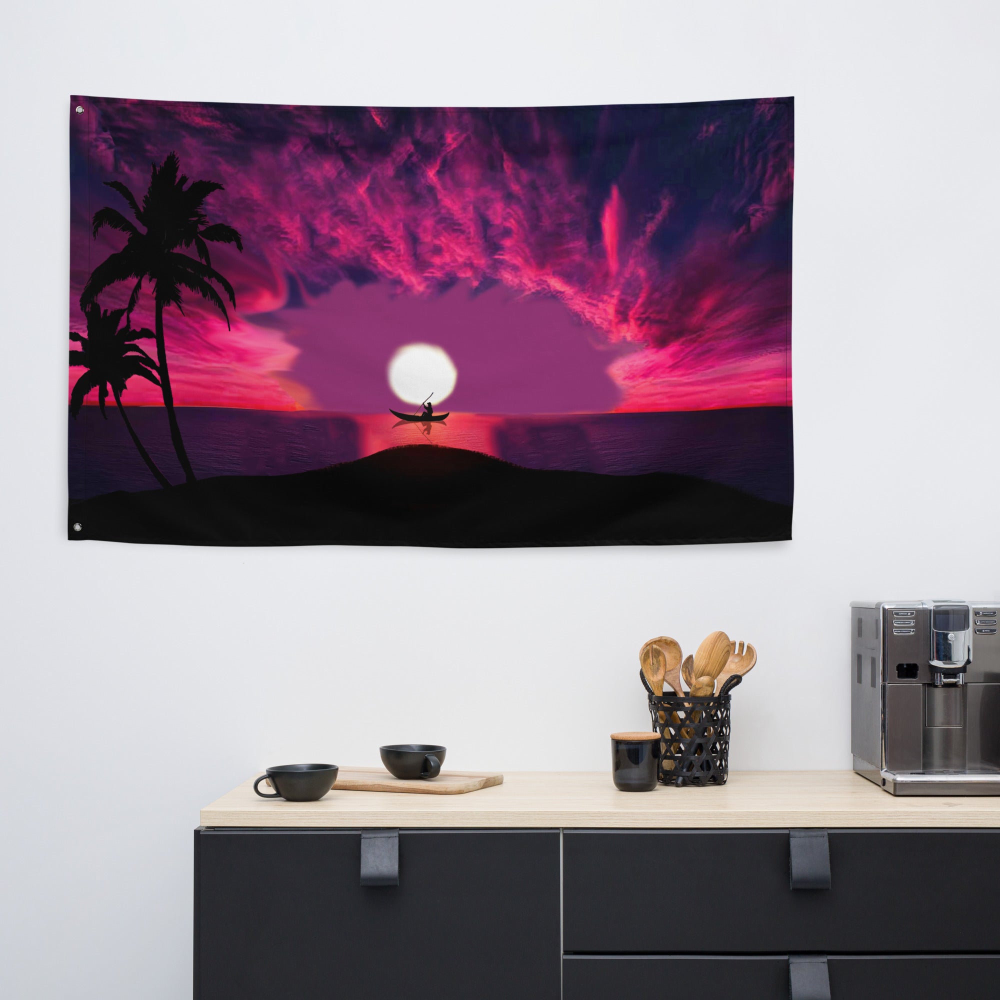 Sunset River and Boat Flag Tapestry wall hanging-3