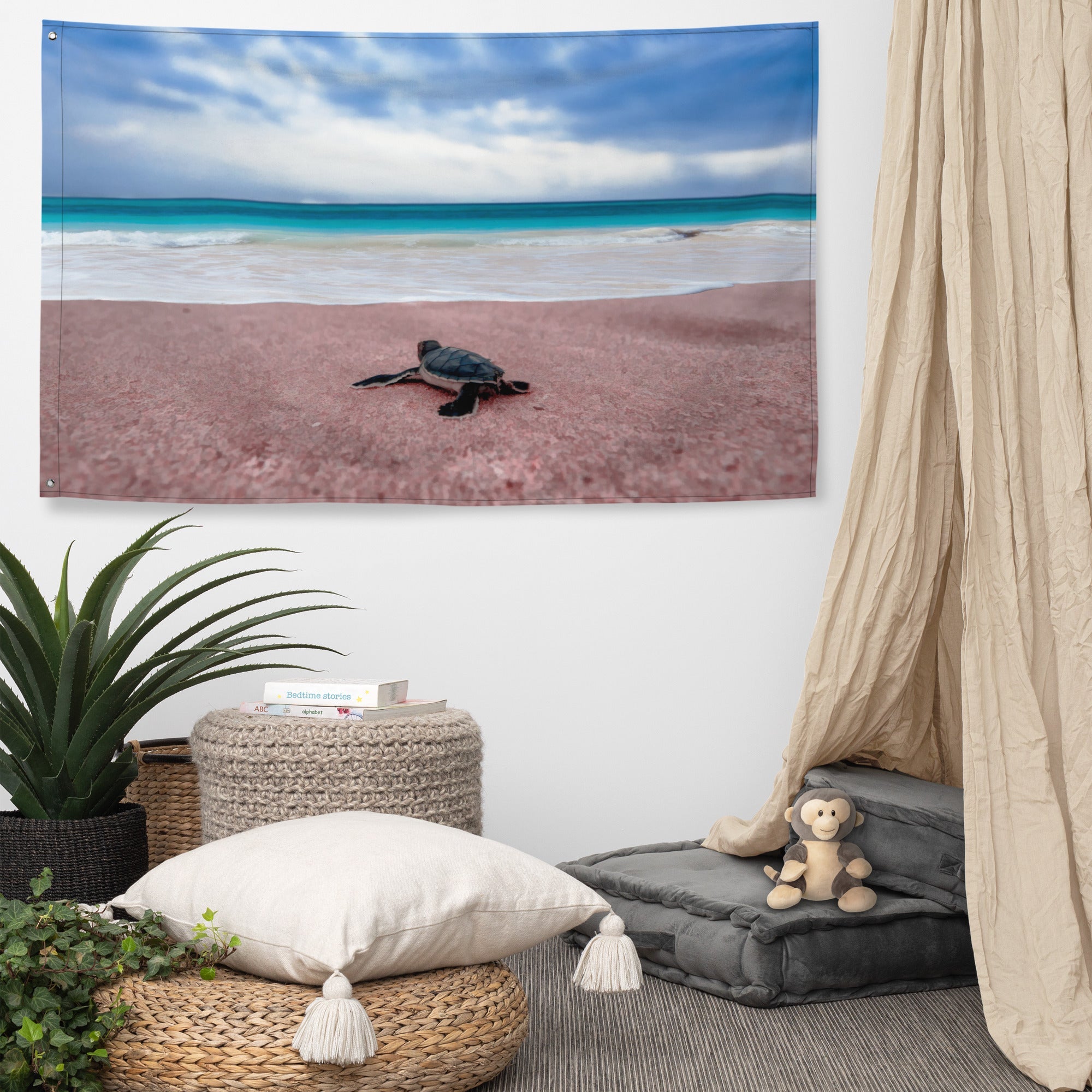 Turtle on Beach Painting Flag Tapestry-4