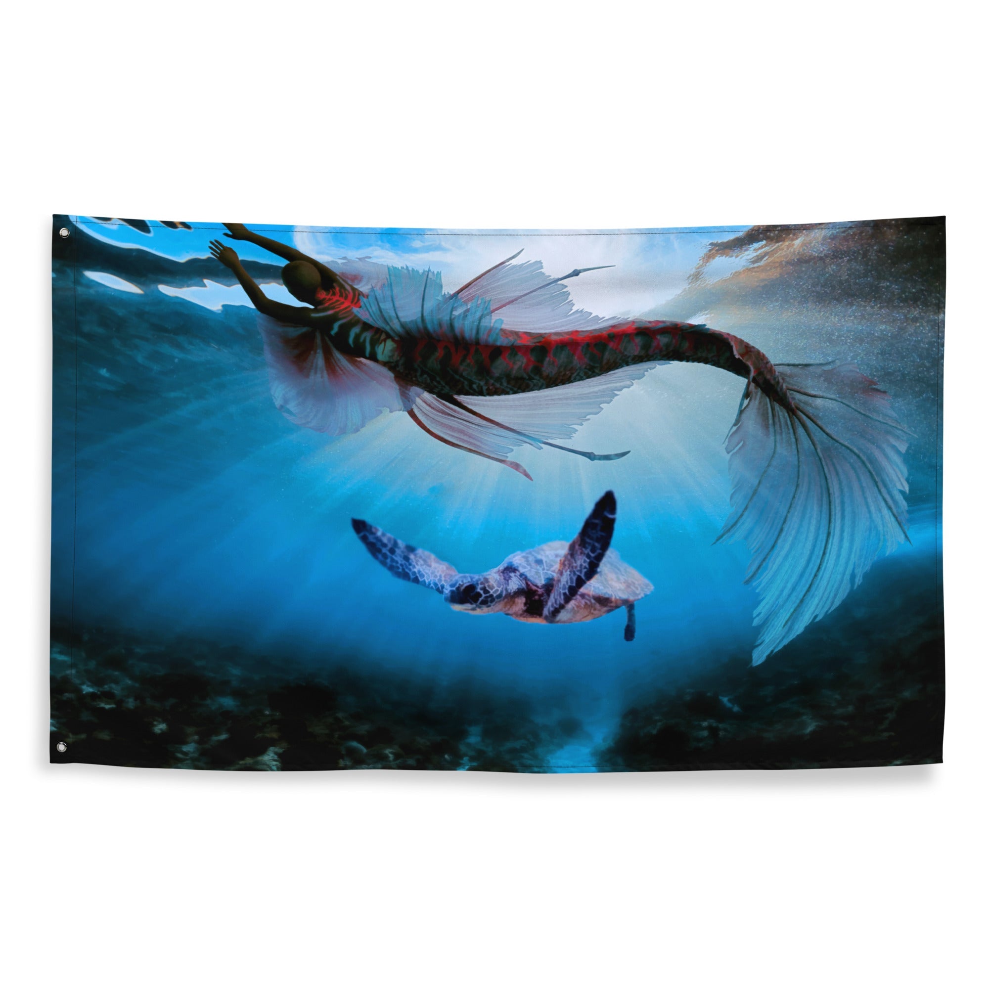 Turtle and Fish Art Flag Tapestry-0